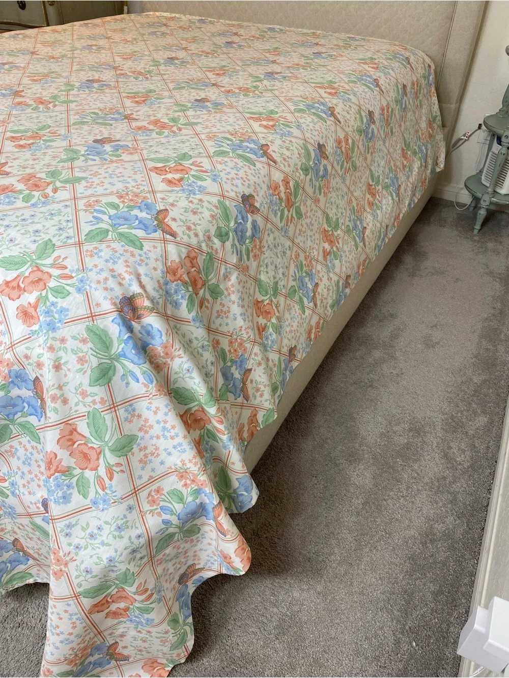 Floral Patchwork Cotton Sheet Set in Blue & Peach by Vintage 1970s